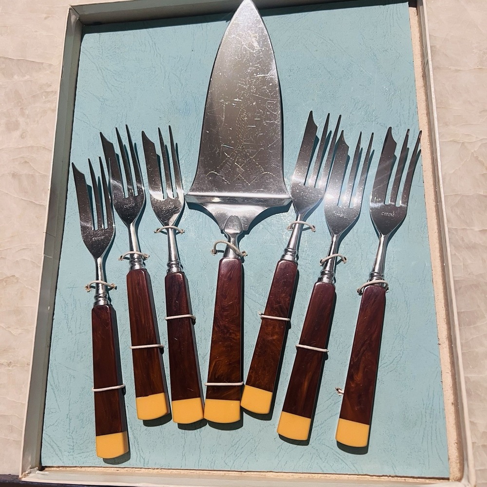 Vintage German Bakelite Cake Forks Server Set 7pc CHROM Art Deco Boxed
